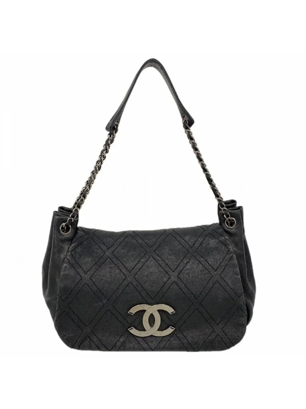 Chanel Shoulder Bag Jumbo CC Logo Leather Black Silver